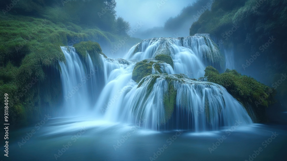 Obraz premium Serene Waterfall Cascading Through Lush Green Moss