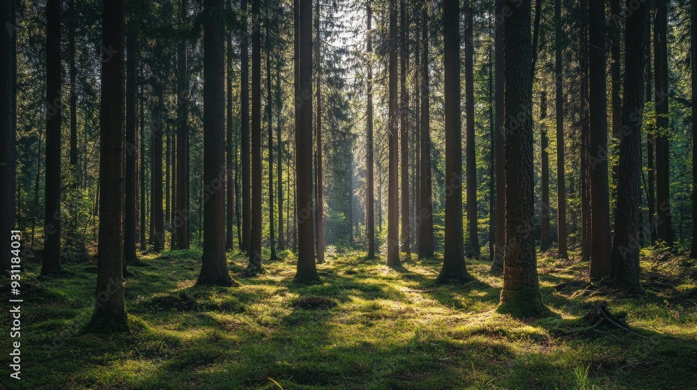 Fototapeta premium Sunlight Filtering Through Dense Forest
