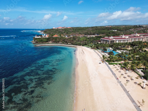 Aerial view of Nusa Dua beach with view on Hindu temple, Bali, Indonesia