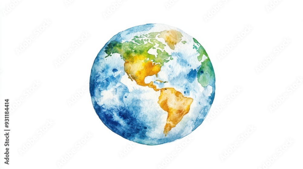 Fototapeta premium Watercolor hand painted planet Earth isolated on white background. Symbol of life,Environmental problems and environmental protection ecology,Hand drawn Globe watercolour paint,Earth Day.