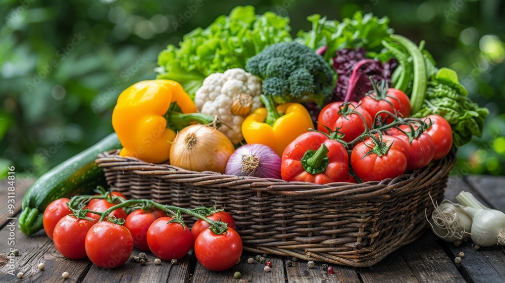 Fresh organic vegetables in a woven basket on a rustic wooden table, surrounded by greenery Fresh organic vegetables in a woven basket on a rustic wooden table, surrounded by greenery