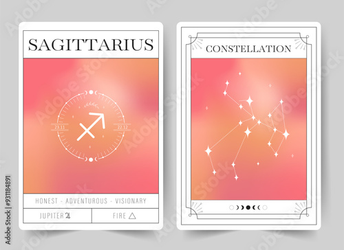 Sagittarius. Witchcraft cards with astrology zodiac sign and constellation. Modern gradient blurred astrology posters in Y2k style. Perfect for tarot readers and astrologers. Vector illustration.