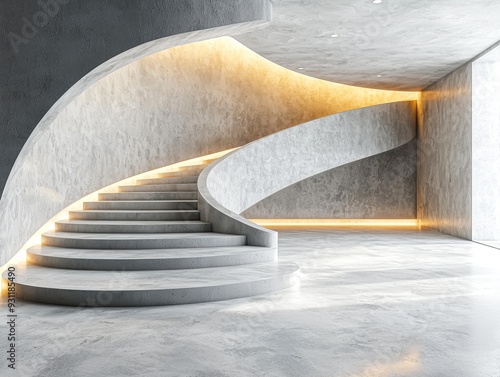 A modern, minimalist curved staircase with gray, polished concrete and warm lighting on the steps, suitable for architectural designs, luxury interiors, or real estate advertisements,