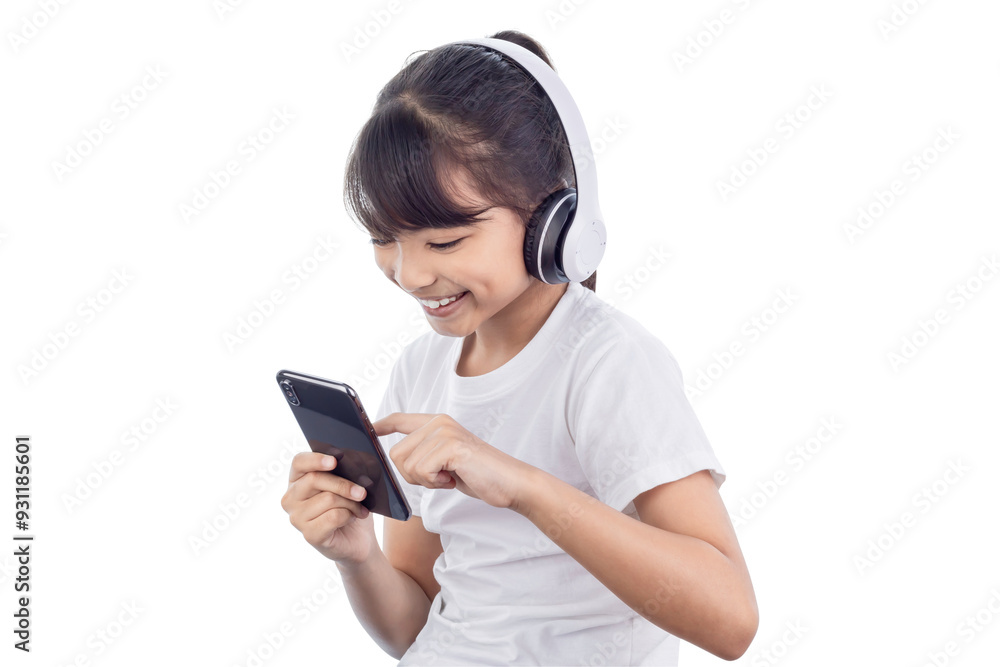 Beautiful asian little girl play mobile game and put on wireless headphone isolated on white background with clipping path. Very enjoy and fun relax time Beautiful asian little girl play mobile game and put on wireless headphone isolated on white background with clipping path. Very enjoy and fun relax time