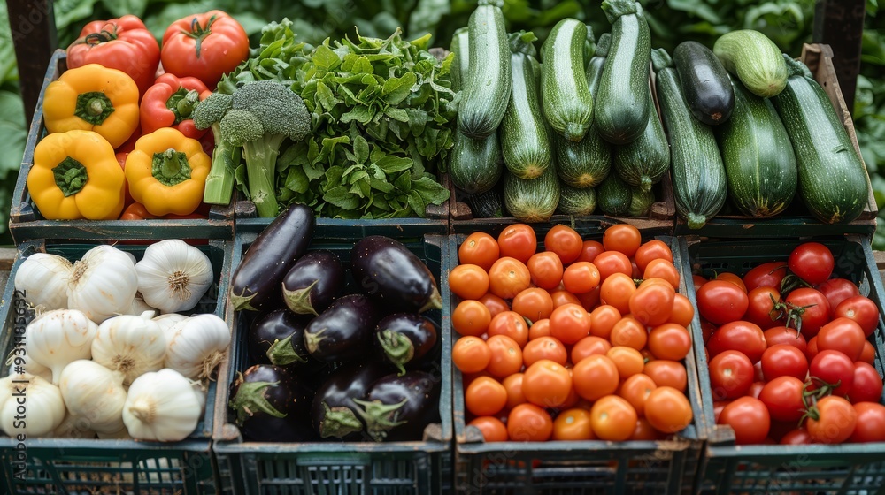 Fresh vegetables displayed in baskets at a local market during daylight hours Fresh vegetables displayed in baskets at a local market during daylight hours