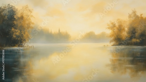 Wallpaper Mural Tranquil Morning Mist Over a Lake with Trees on the Shoreline Torontodigital.ca