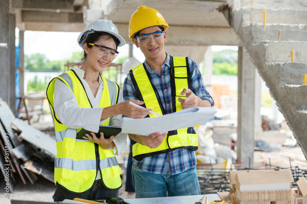 Group architect team on construction site inspection documents and business workflow in the morning. Group architect team on construction site inspection documents and business workflow in the morning.
