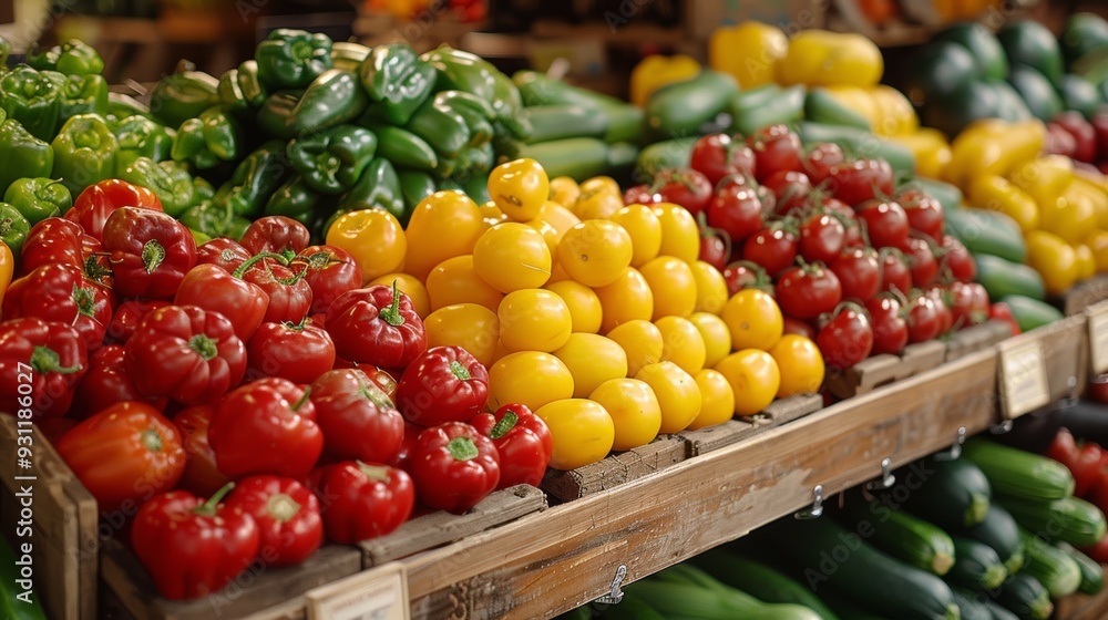 Fresh produce display featuring colorful vegetables and fruits at a local market Fresh produce display featuring colorful vegetables and fruits at a local market