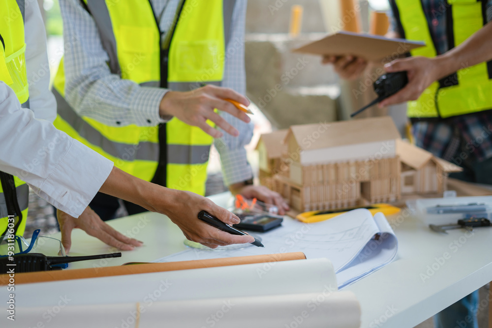 Group architect team on construction site inspection documents and business workflow in the morning. Group architect team on construction site inspection documents and business workflow in the morning.