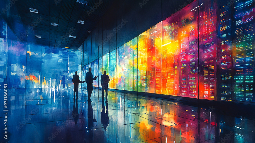 Fototapeta premium Tech Savvy: Watercolor Illustration of IT Professionals Managing Servers in Data Center