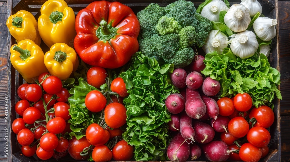 Fresh vegetables arranged in a basket with vibrant colors, including bell peppers, tomatoes, broccoli, and lettuce Fresh vegetables arranged in a basket with vibrant colors, including bell peppers, tomatoes, broccoli, and lettuce