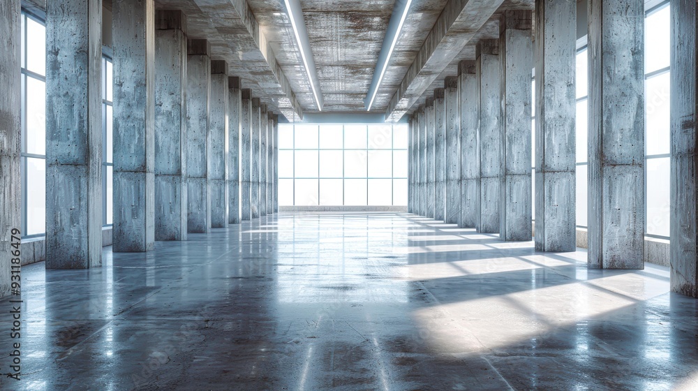 A spacious, empty concrete room with tall windows and columns, bathed in natural light, perfect for backgrounds, architecture presentations A spacious, empty concrete room with tall windows and columns, bathed in natural light, perfect for backgrounds, architecture presentations