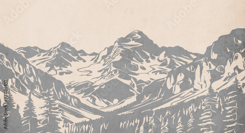 Mountain landscape. Vector graphics. Logo design for use in graphics. T-shirt print, tattoo design. Minimalist illustration for printing on wall decorations. Vintage grunge old .