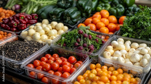 Fresh varieties of vegetables and herbs displayed at a local market during daylight