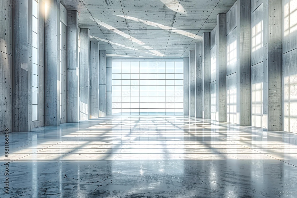 A spacious, modern empty room with tall, narrow windows casting geometric patterns of light on the polished concrete floor, Ideal for business presentations, architecture showcases A spacious, modern empty room with tall, narrow windows casting geometric patterns of light on the polished concrete floor, Ideal for business presentations, architecture showcases