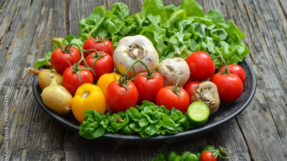 Freshly harvested tomatoes, lettuce, and mushrooms arranged on a platter against a rustic wooden background Freshly harvested tomatoes, lettuce, and mushrooms arranged on a platter against a rustic wooden background