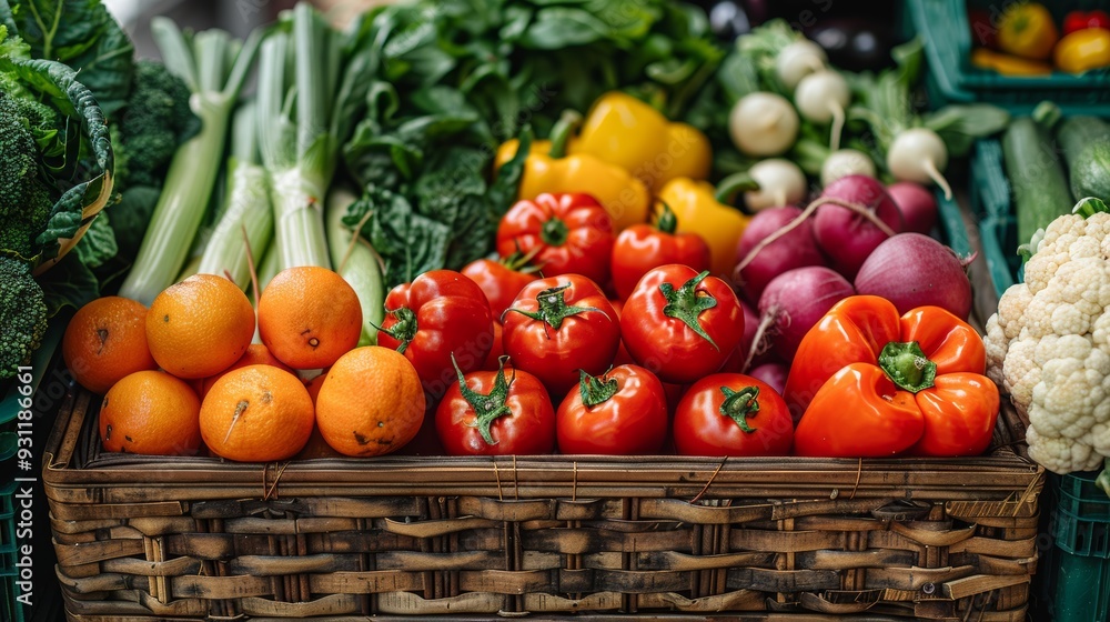 Fresh vegetables and fruits displayed at a local market during daylight hours Fresh vegetables and fruits displayed at a local market during daylight hours