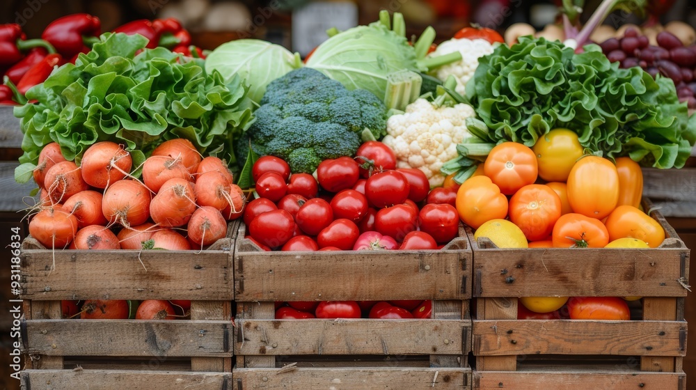Fresh vegetables displayed in wooden crates at an outdoor farmers' market in autumn Fresh vegetables displayed in wooden crates at an outdoor farmers' market in autumn