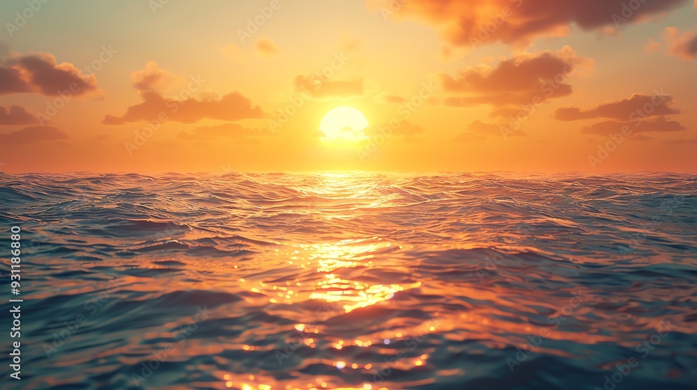 Fototapeta premium A vibrant sunset over a vast, choppy ocean with golden light reflecting on the waves.