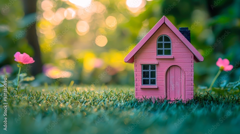 A miniature pink wooden house sits on lush green grass, surrounded by blooming pink flowers, with a soft, blurred bokeh background that creates a magical, whimsical atmosphere ideal for real estate A miniature pink wooden house sits on lush green grass, surrounded by blooming pink flowers, with a soft, blurred bokeh background that creates a magical, whimsical atmosphere ideal for real estate