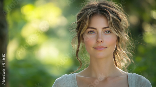 A woman in nature, with a blurred forest background highlighting her calm expression.