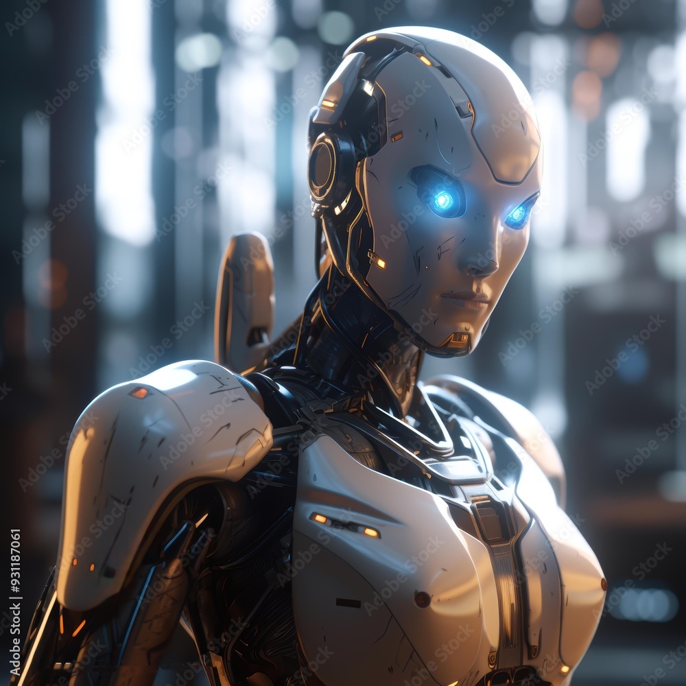 A futuristic humanoid robot with glowing blue eyes is shown in a well-lit, industrial setting, Ideal for technology, AI, robotics, and sci-fi contexts, A futuristic humanoid robot with glowing blue eyes is shown in a well-lit, industrial setting, Ideal for technology, AI, robotics, and sci-fi contexts,