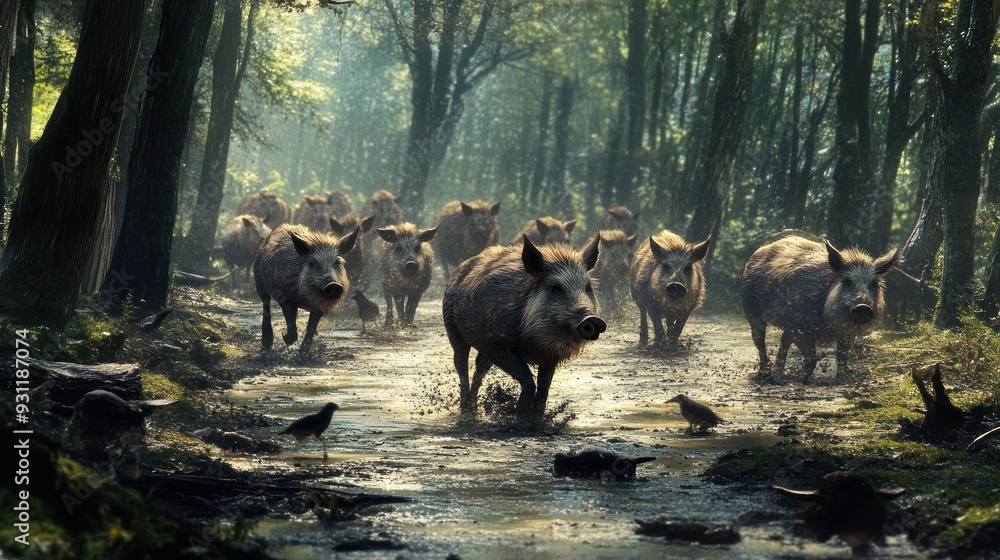 Wild Boars Running Through the Forest Wild Boars Running Through the Forest