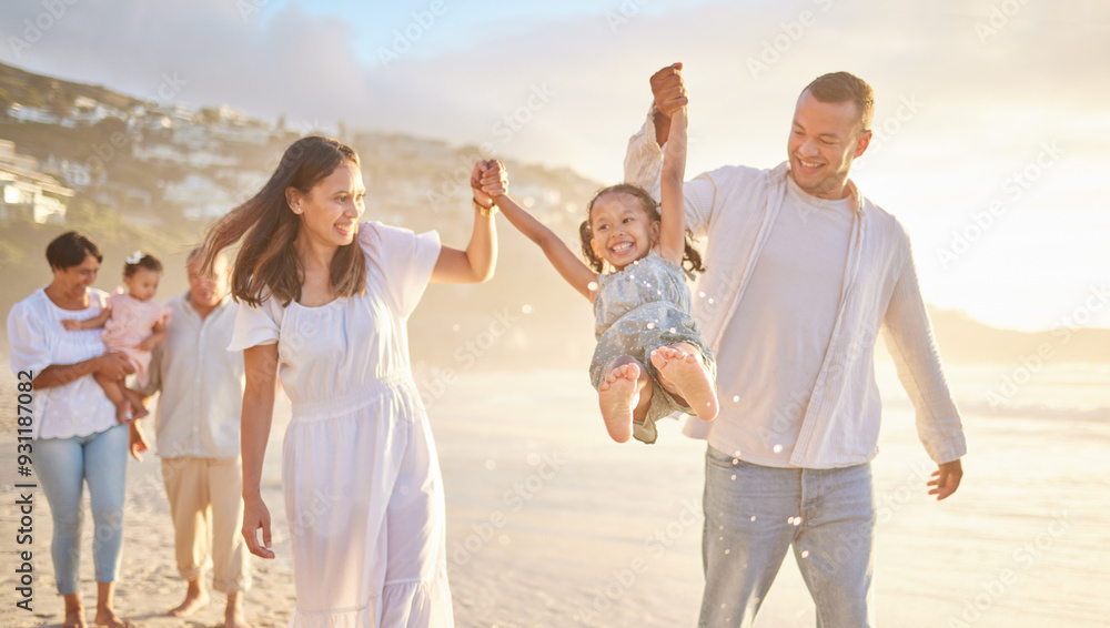 Beach, family and parents lifting kid on vacation, adventure or getaway together for bonding by sea. Happy, generations and children with grandparents and mom and dad for fun by ocean on holiday. Beach, family and parents lifting kid on vacation, adventure or getaway together for bonding by sea. Happy, generations and children with grandparents and mom and dad for fun by ocean on holiday.