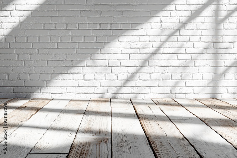 Bright, minimalist interior scene with sunlight streaming onto a white brick wall and wooden floor, suitable for use in modern design, real estate, or lifestyle content, Bright, minimalist interior scene with sunlight streaming onto a white brick wall and wooden floor, suitable for use in modern design, real estate, or lifestyle content,