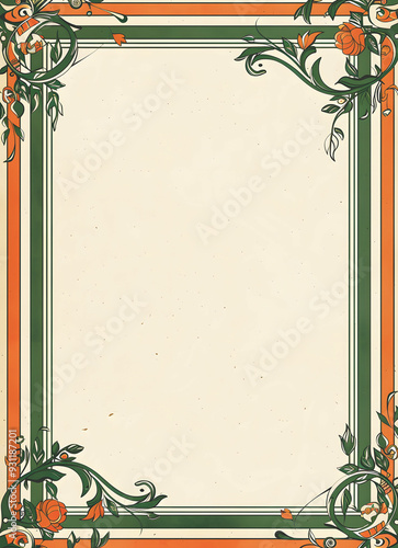 Art Nouveau frame paper with orange and green striped border and flowers, elegant frame for text, background, scrapbook, card or craft art . 8x11in