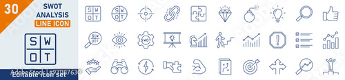 SWOT Analysis line icon set. Set of 30 outline icons related to strengths, weakness, opportunities, and threads. Linear icon collection. SWOT Analysis outline icons collection. Editable stroke.