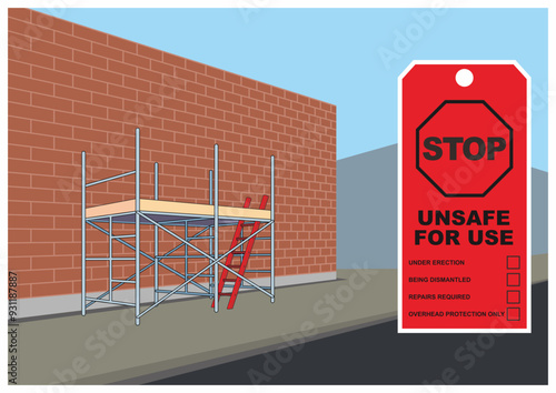 Vector illustration of incomplete scaffolding installation safety with red tag information. Inspection checklist document.