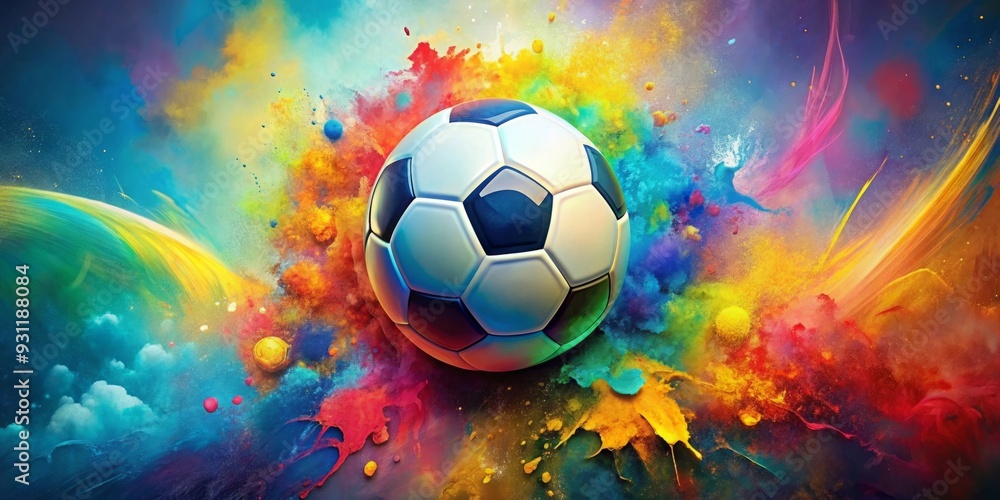 Naklejka premium Colorful soccer ball with abstract and dynamic design, vibrant sports painting, Soccer, ball, colorful, abstract, dynamic, football