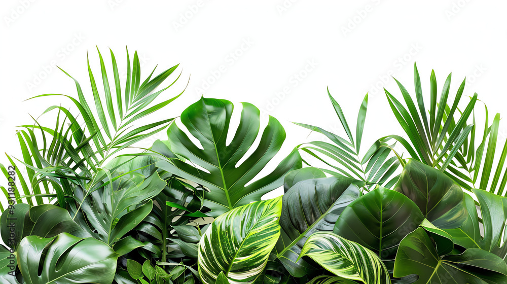 A border made of green leaves, including palm leaves and monstered. A border made of green leaves, including palm leaves and monstered.
