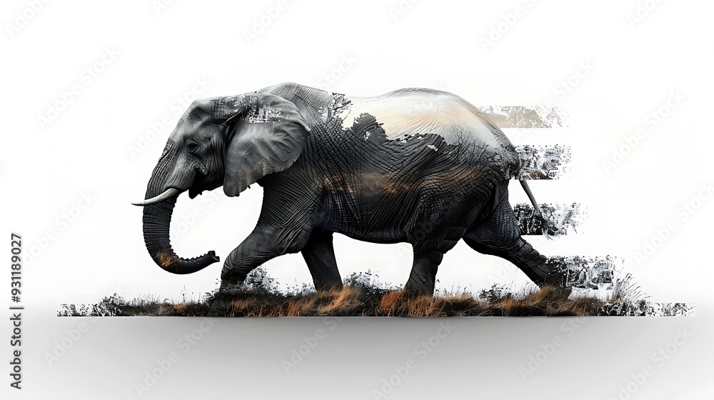 Fototapeta premium An elephant in motion, its silhouette filled with the golden hues of an African sunset and the vast plains stretching beneath it, set against a clean white background in a double exposure style.