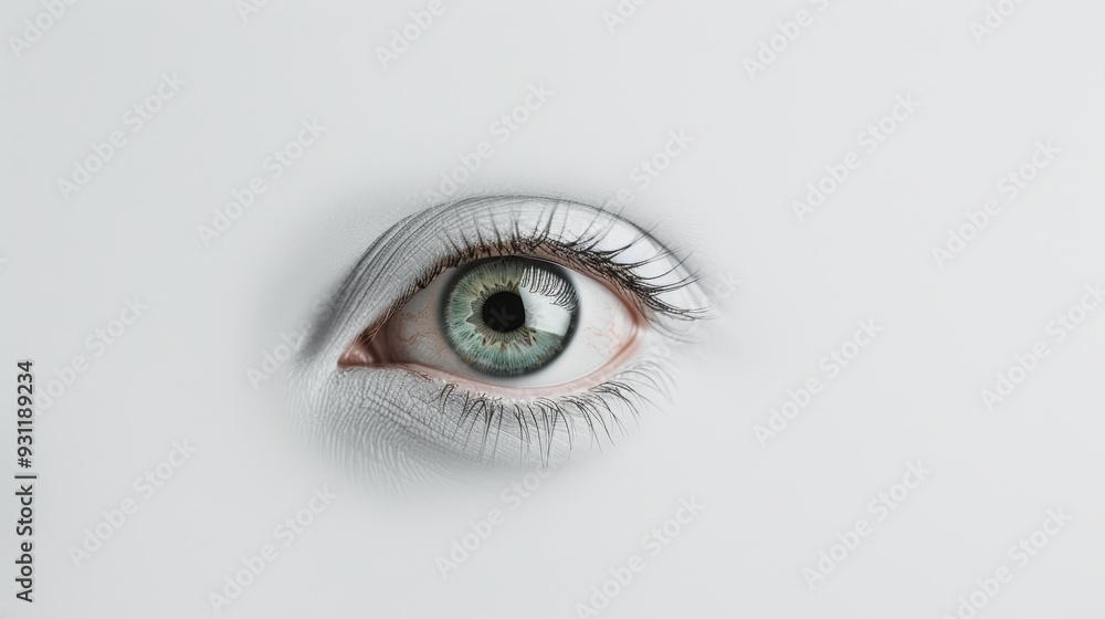 A minimalist composition featuring a white eye, set against a pristine white background, creating a sense of purity and focus. The image is ideal for conveying concepts related to vision, clarity, A minimalist composition featuring a white eye, set against a pristine white background, creating a sense of purity and focus. The image is ideal for conveying concepts related to vision, clarity,