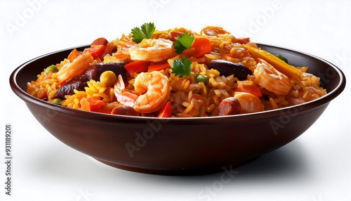 Delicious Seafood Paella with Shrimp and Vegetables in a Brown Bowl