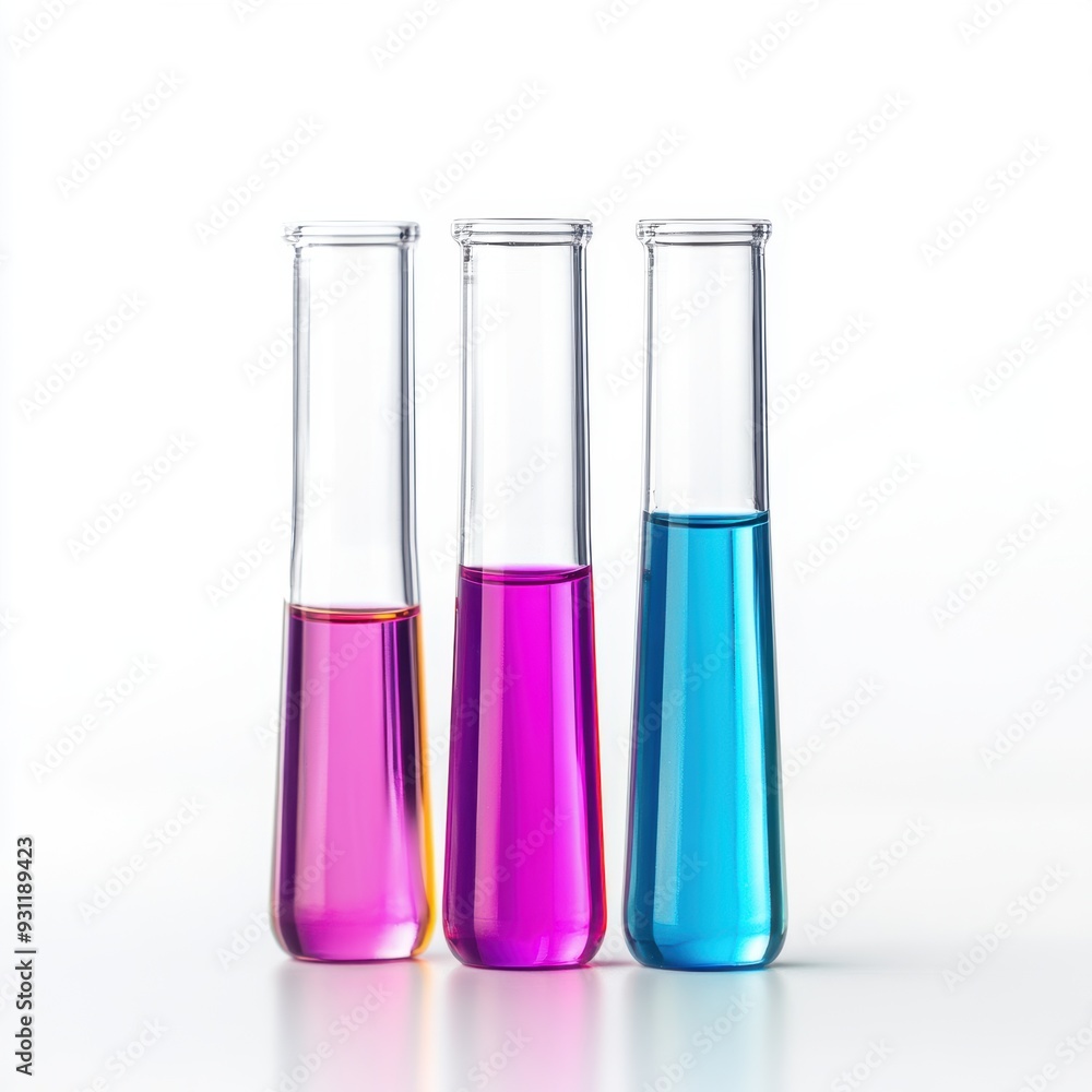Isolated test tubes filled with vibrant liquids against a white background Isolated test tubes filled with vibrant liquids against a white background