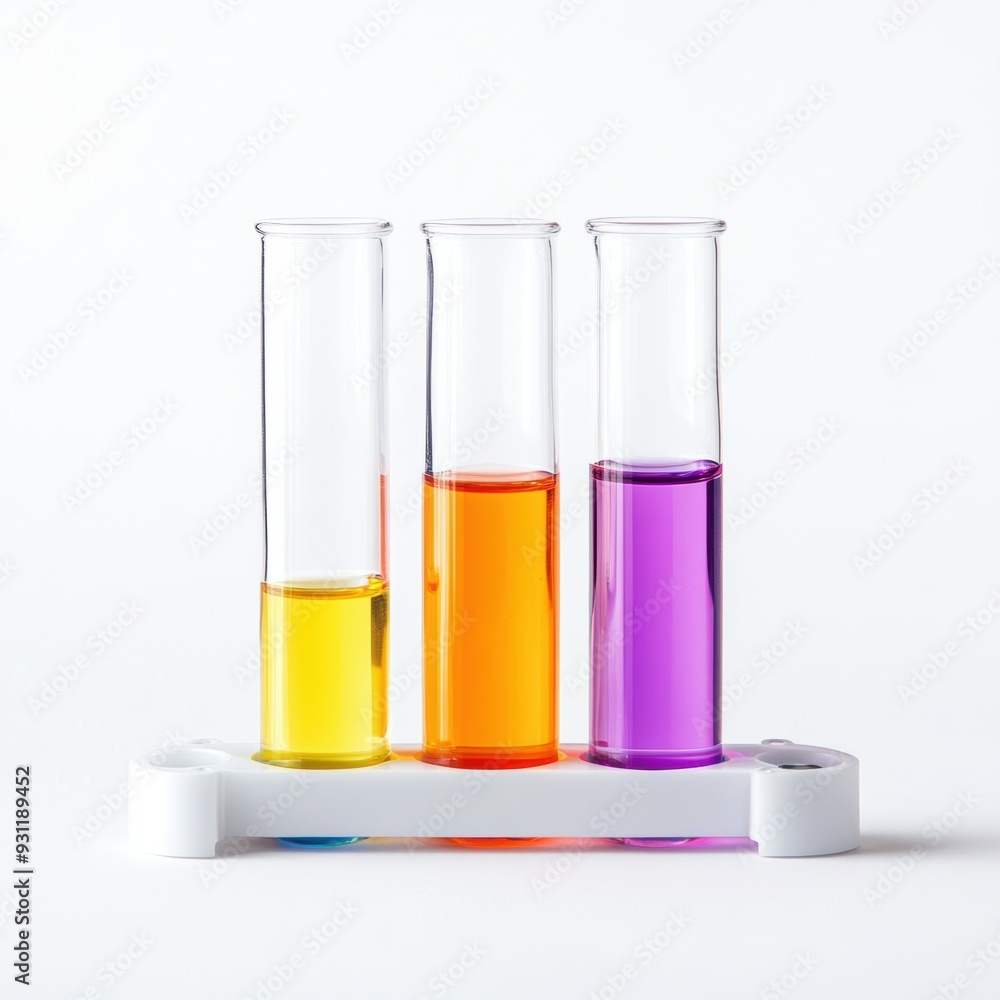 Isolated test tubes filled with vibrant liquids against a white background Isolated test tubes filled with vibrant liquids against a white background