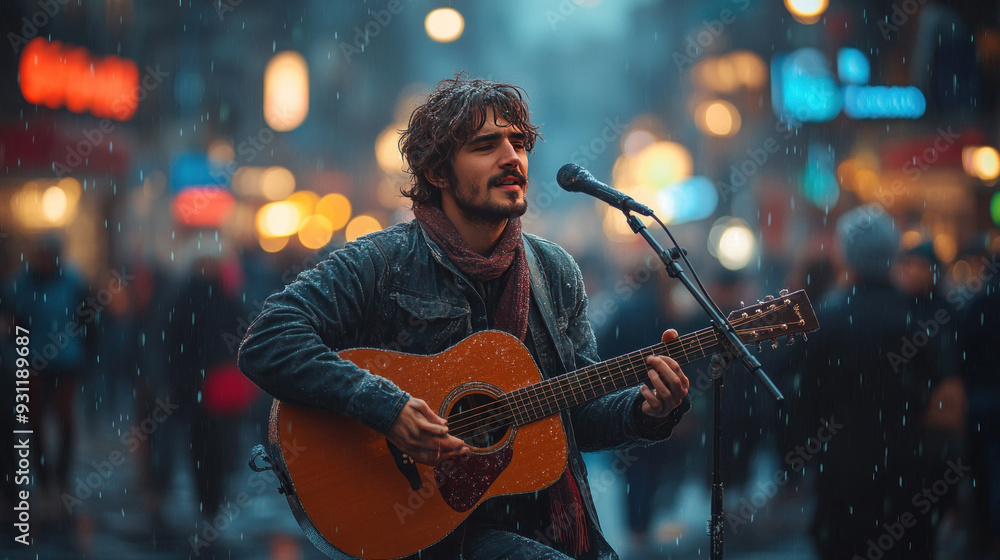 Obraz premium A street musician playing, with a blurred crowd background adding a dynamic, urban atmosphere.