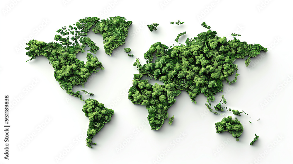 A map of the world made of green trees. A map of the world made of green trees.