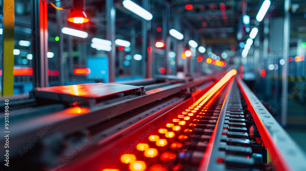 Detailed view of a production line, with car parts moving along a track under bright lights Detailed view of a production line, with car parts moving along a track under bright lights