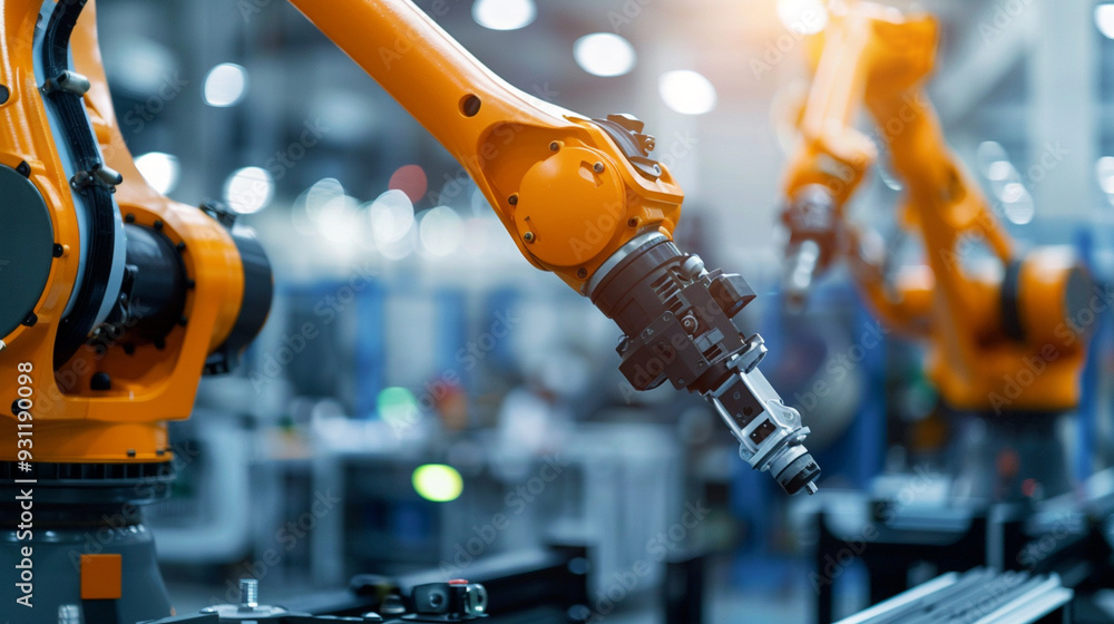 Close-up of industrial robots working in tandem, assembling machinery with synchronized movements Close-up of industrial robots working in tandem, assembling machinery with synchronized movements