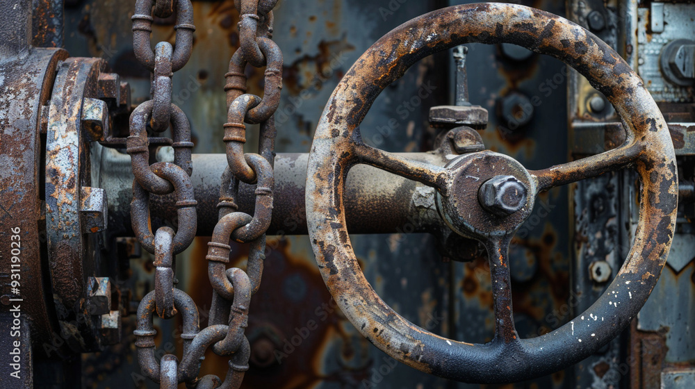 Detailed view of a large valve wheel being turned, with rusted metal and a heavy chain hanging nearby Detailed view of a large valve wheel being turned, with rusted metal and a heavy chain hanging nearby