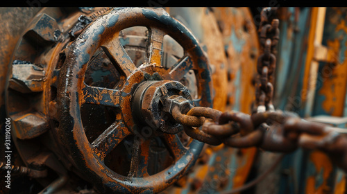 Detailed view of a large valve wheel being turned, with rusted metal and a heavy chain hanging nearby