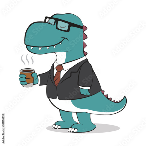 Cute T-rex dinosaur in a business outfit and having a cup of coffee. Vector illustration for tshirt, website, clip art, poster and print on demand merchandise.