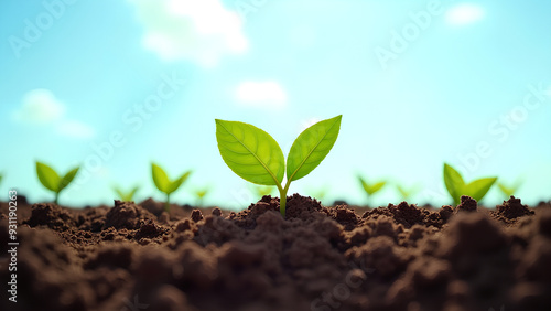 Earth in soil with green plants under a blue sky