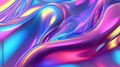 Abstract holographic background with blue, pink, and purple iridescent swirls.