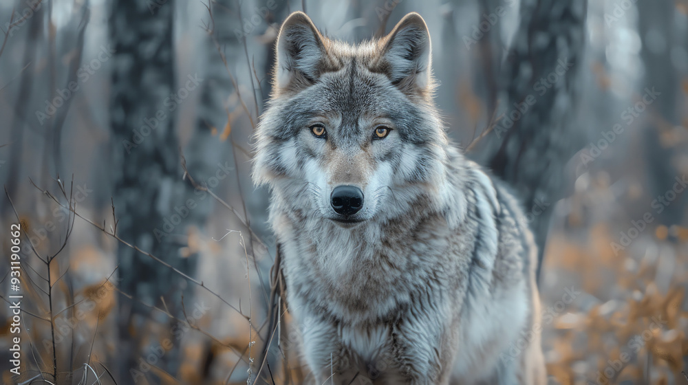 A gray wolf with a fierce, but somewhat sad, look on its face. A gray wolf with a fierce, but somewhat sad, look on its face.