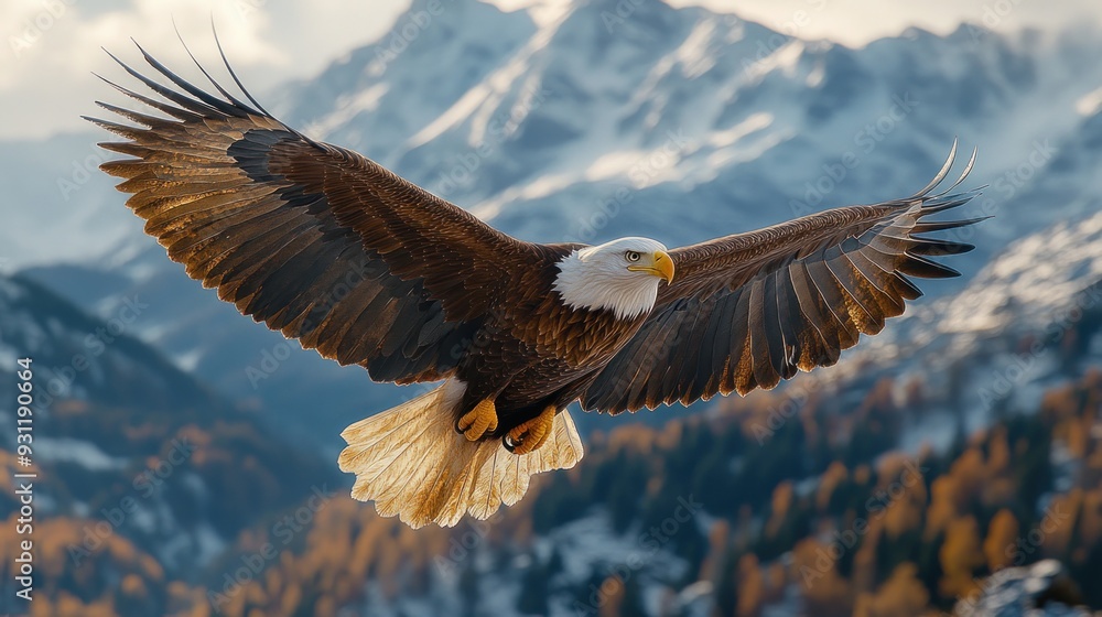 Fototapeta premium Majestic Bald Eagle in Flight over Snowy Mountain Range